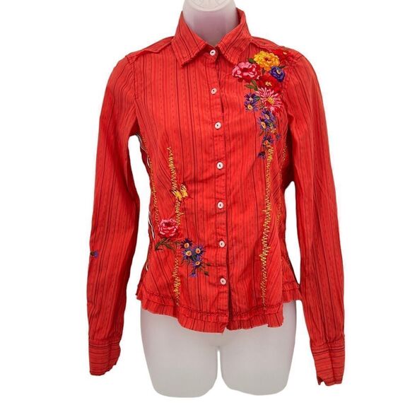 Johnny Was 3 J Workshop Women's XS Button Down Shirt Coral Embroidered Blouse - Picture 1 of 15